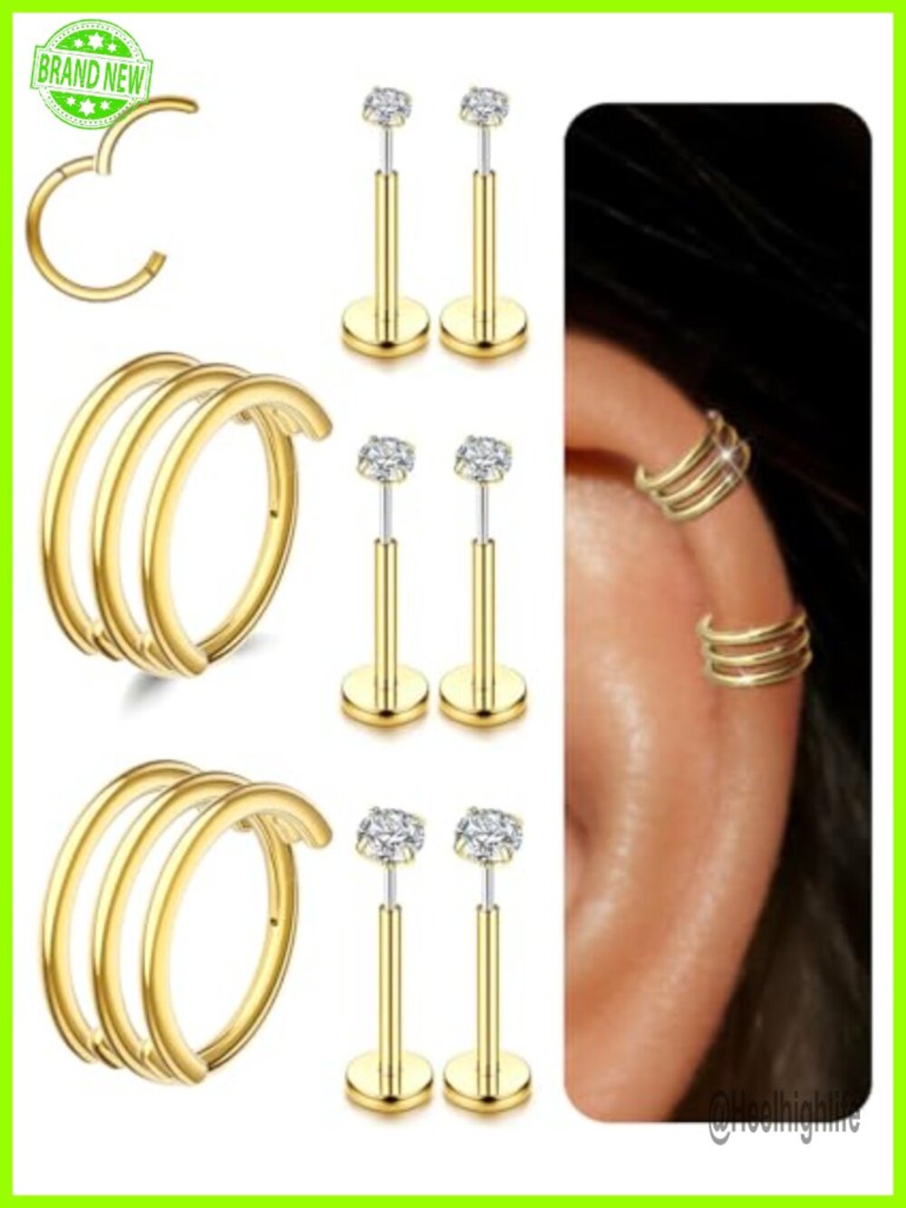 14K Gold Plated Surgical Steel Triple Hoop Cartilage Earrings CZ Studs Set